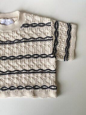 Zara Girls Cream Textured Knit Sweater with Black Trim | Size 6-7